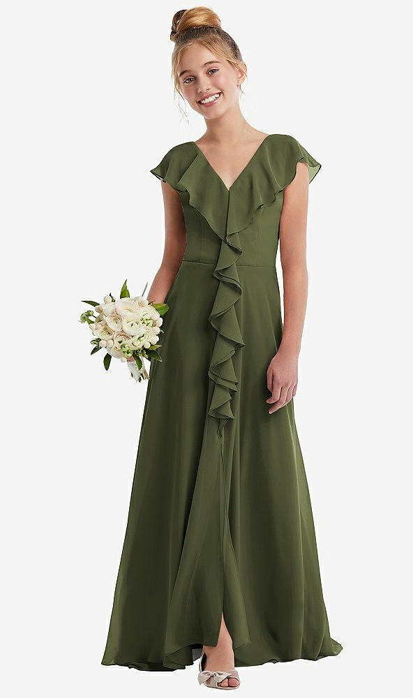 Front View - Olive Green Cascading Ruffle Full Skirt Chiffon Junior Bridesmaid Dress