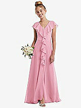 Front View Thumbnail - Peony Pink Cascading Ruffle Full Skirt Chiffon Junior Bridesmaid Dress