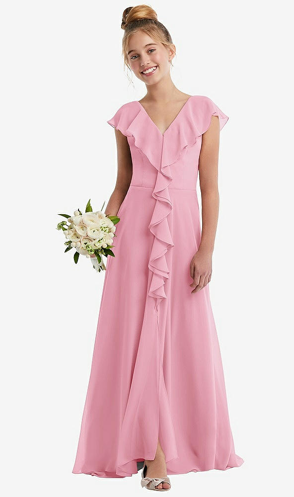 Front View - Peony Pink Cascading Ruffle Full Skirt Chiffon Junior Bridesmaid Dress