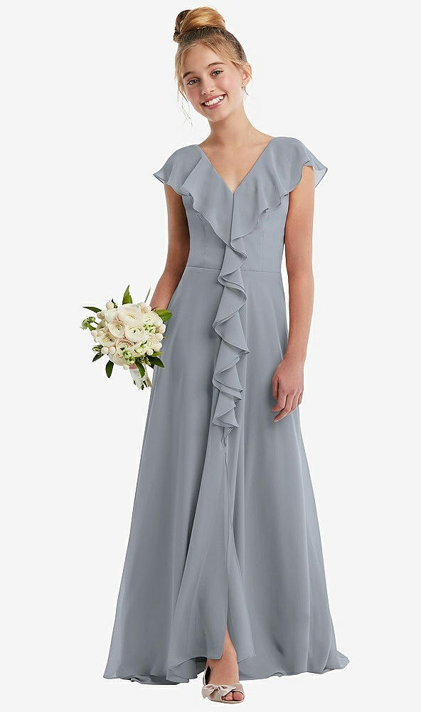 Front View - Platinum Cascading Ruffle Full Skirt Chiffon Junior Bridesmaid Dress