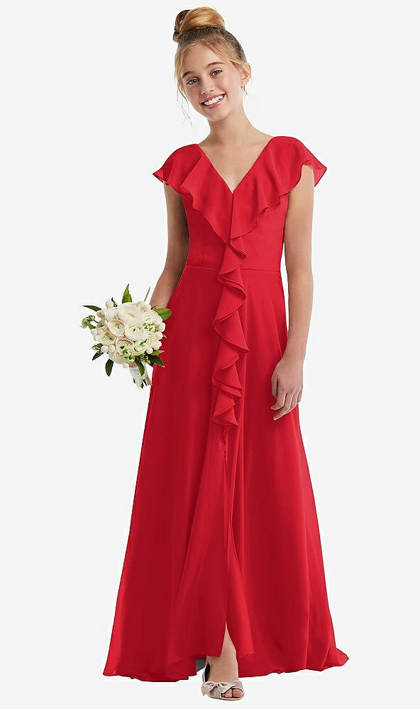 Front View - Parisian Red Cascading Ruffle Full Skirt Chiffon Junior Bridesmaid Dress
