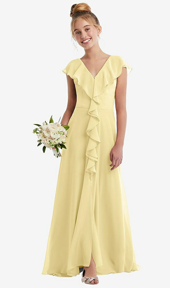 Front View - Pale Yellow Cascading Ruffle Full Skirt Chiffon Junior Bridesmaid Dress