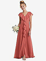 Front View Thumbnail - Coral Pink Cascading Ruffle Full Skirt Chiffon Junior Bridesmaid Dress