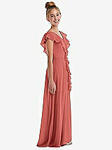 Side View Thumbnail - Coral Pink Cascading Ruffle Full Skirt Chiffon Junior Bridesmaid Dress