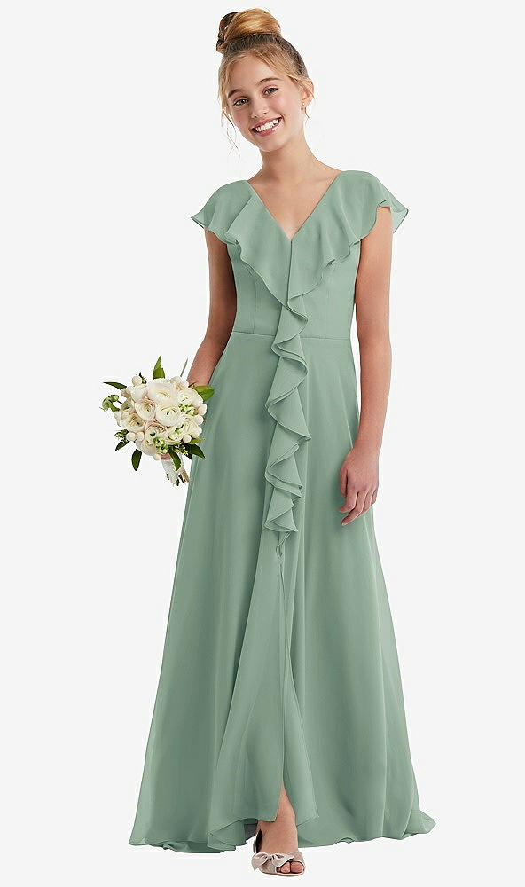 Front View - Seagrass Cascading Ruffle Full Skirt Chiffon Junior Bridesmaid Dress