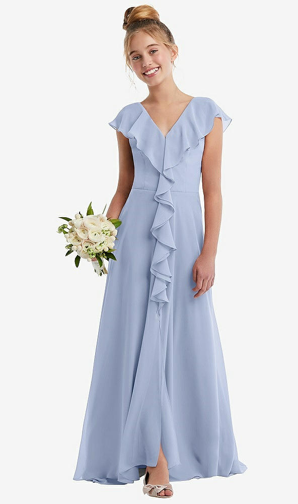 Front View - Sky Blue Cascading Ruffle Full Skirt Chiffon Junior Bridesmaid Dress