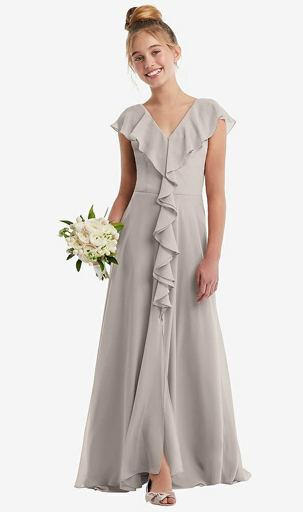 Front View - Taupe Cascading Ruffle Full Skirt Chiffon Junior Bridesmaid Dress