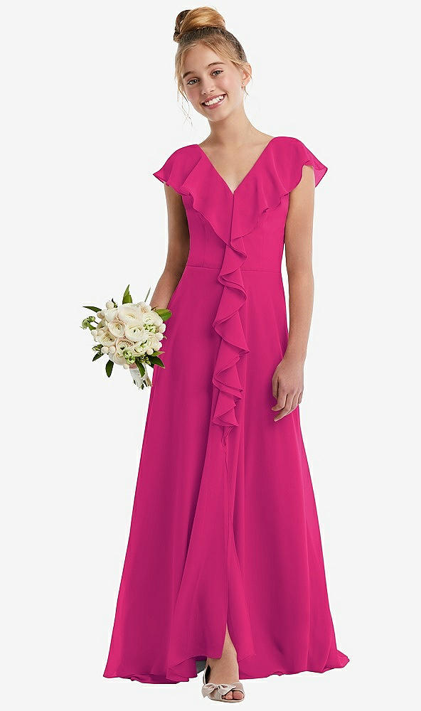Front View - Think Pink Cascading Ruffle Full Skirt Chiffon Junior Bridesmaid Dress