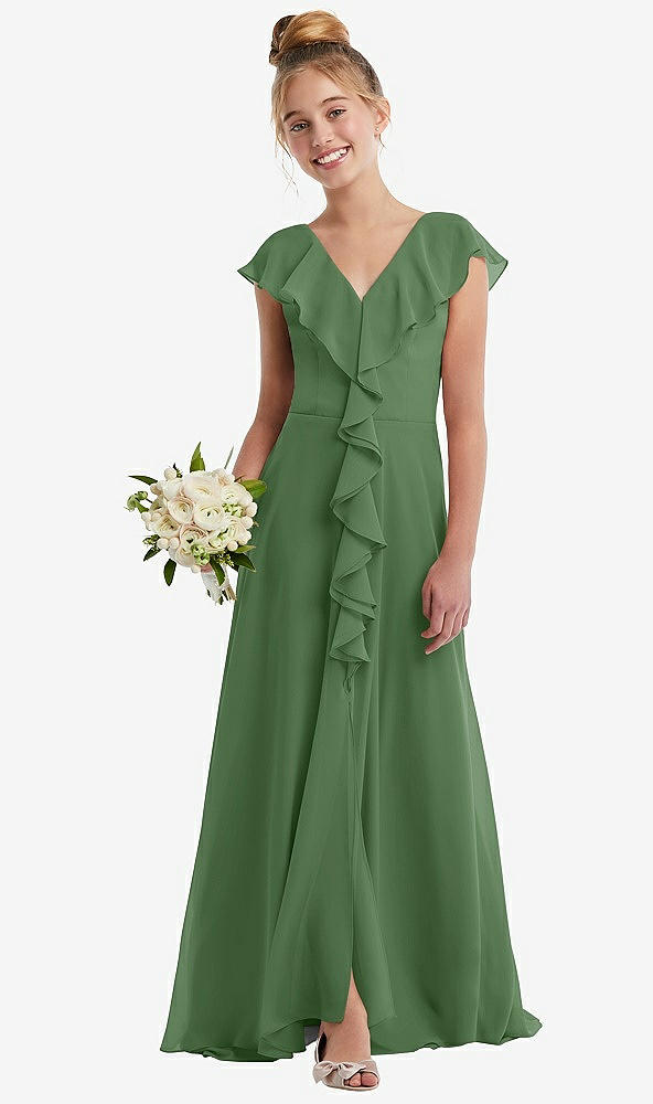 Front View - Vineyard Green Cascading Ruffle Full Skirt Chiffon Junior Bridesmaid Dress