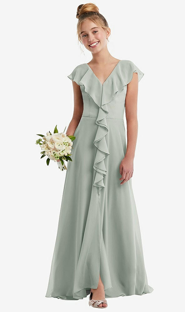 Front View - Willow Green Cascading Ruffle Full Skirt Chiffon Junior Bridesmaid Dress