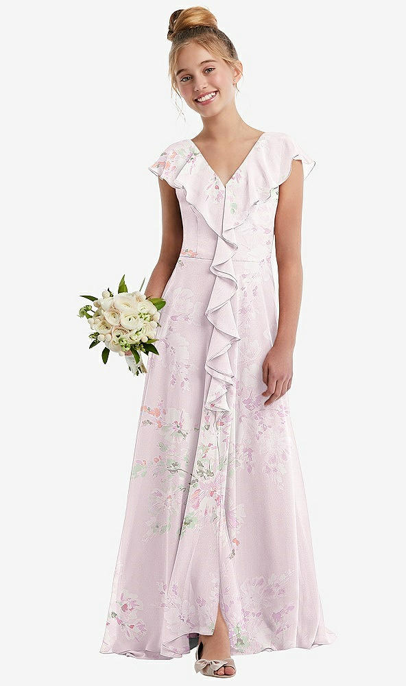 Front View - Watercolor Print Cascading Ruffle Full Skirt Chiffon Junior Bridesmaid Dress