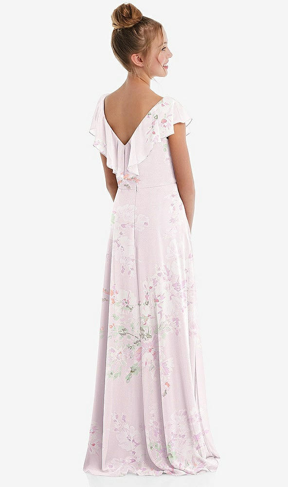 Back View - Watercolor Print Cascading Ruffle Full Skirt Chiffon Junior Bridesmaid Dress