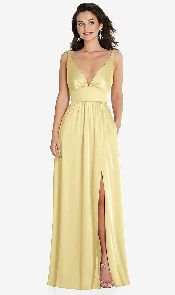 Front View - Pale Yellow Deep V-Neck Shirred Skirt Maxi Dress with Convertible Straps