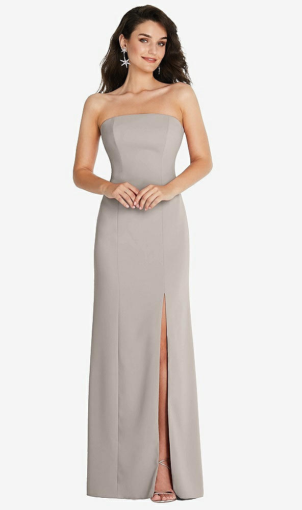Front View - Taupe Strapless Scoop Back Maxi Dress with Front Slit