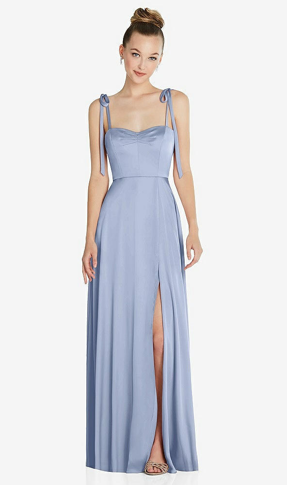 Front View - Sky Blue Tie Shoulder A-Line Maxi Dress with Pockets