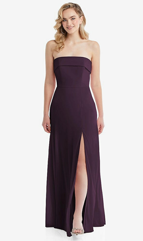 Front View - Aubergine Cuffed Strapless Maxi Dress with Front Slit