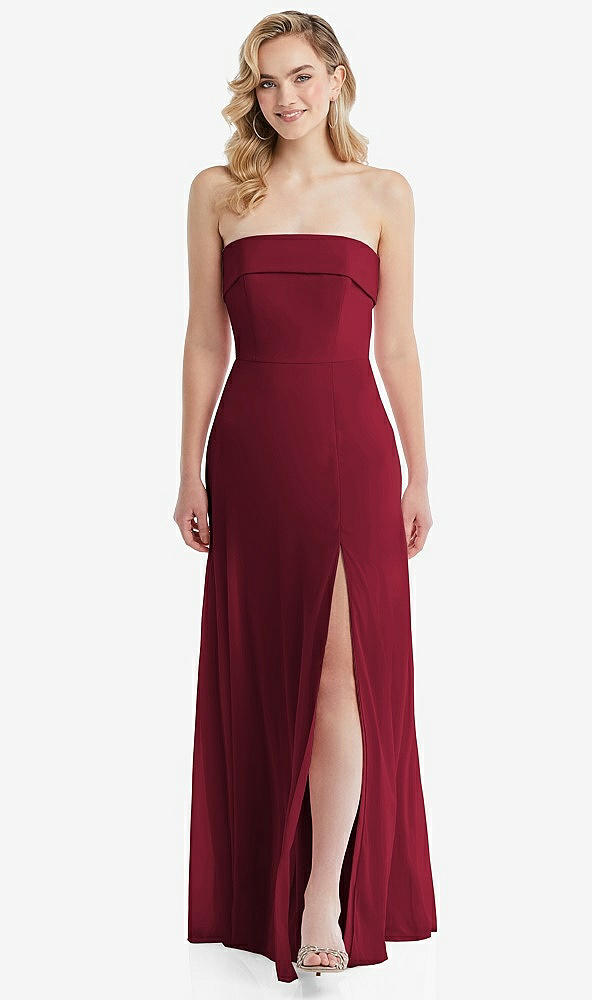 Front View - Burgundy Cuffed Strapless Maxi Dress with Front Slit