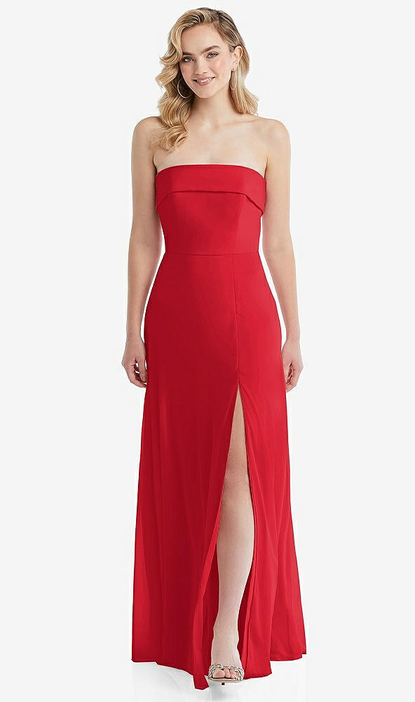 Front View - Parisian Red Cuffed Strapless Maxi Dress with Front Slit