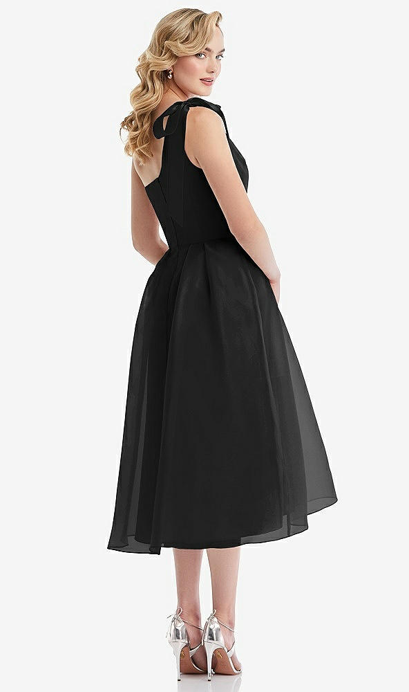 Back View - Black Scarf-Tie One-Shoulder Organdy Midi Dress 