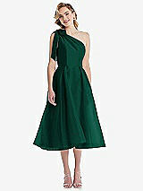 Front View Thumbnail - Hunter Green Scarf-Tie One-Shoulder Organdy Midi Dress 