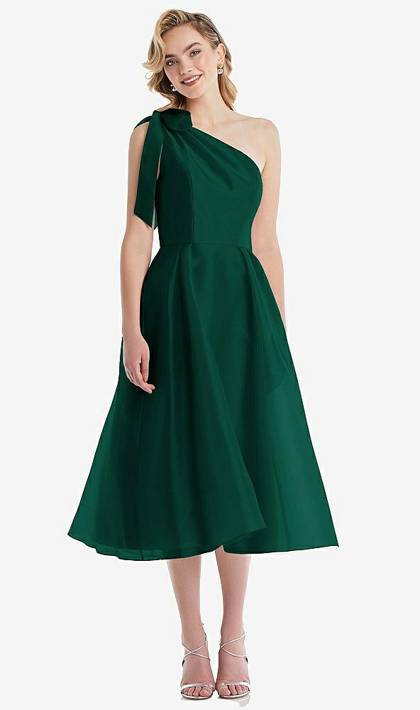 Front View - Hunter Green Scarf-Tie One-Shoulder Organdy Midi Dress 