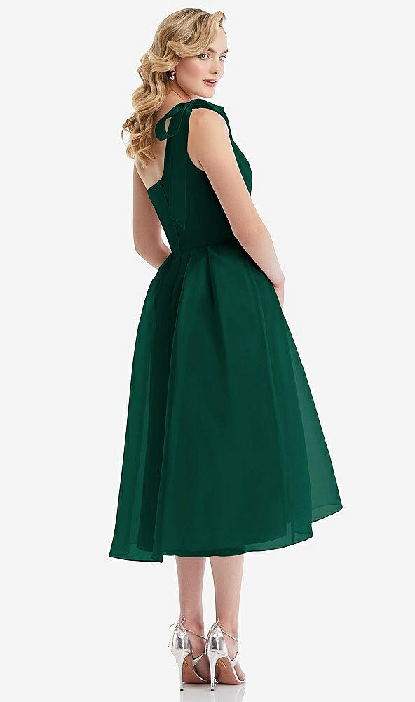 Back View - Hunter Green Scarf-Tie One-Shoulder Organdy Midi Dress 