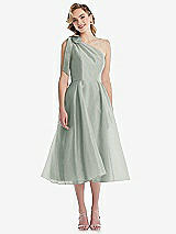 Front View Thumbnail - Willow Green Scarf-Tie One-Shoulder Organdy Midi Dress 