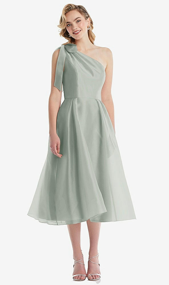 Front View - Willow Green Scarf-Tie One-Shoulder Organdy Midi Dress 