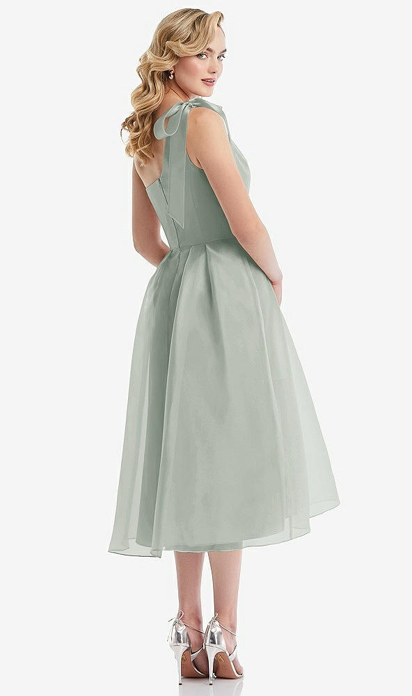 Back View - Willow Green Scarf-Tie One-Shoulder Organdy Midi Dress 