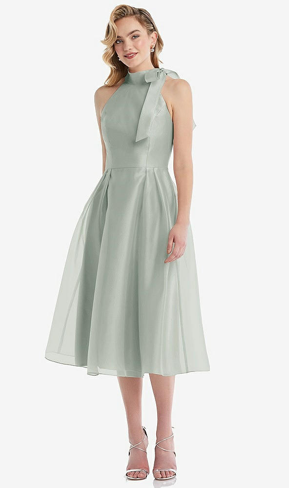 Front View - Willow Green Scarf-Tie High-Neck Halter Organdy Midi Dress