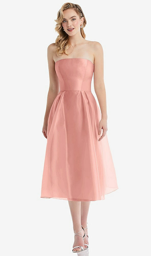 Front View - Apricot Strapless Pleated Skirt Organdy Midi Dress