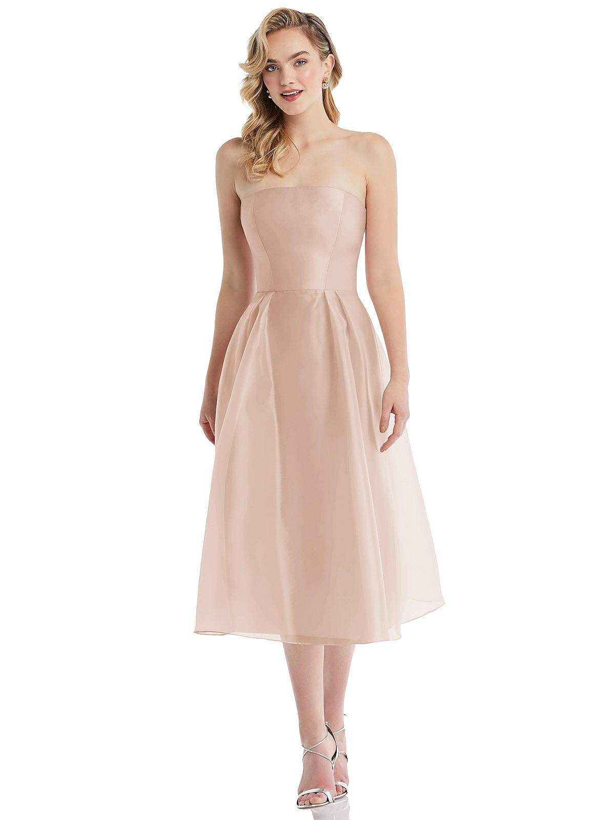 Strapless Pleated Skirt Organdy Midi Bridesmaid Dress In Cameo