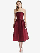 Front View Thumbnail - Claret Strapless Pleated Skirt Organdy Midi Dress