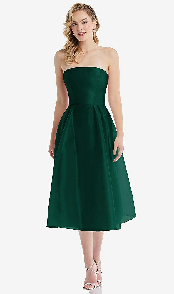 Front View - Hunter Green Strapless Pleated Skirt Organdy Midi Dress