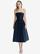 Front View Thumbnail - Midnight Navy Strapless Pleated Skirt Organdy Midi Dress