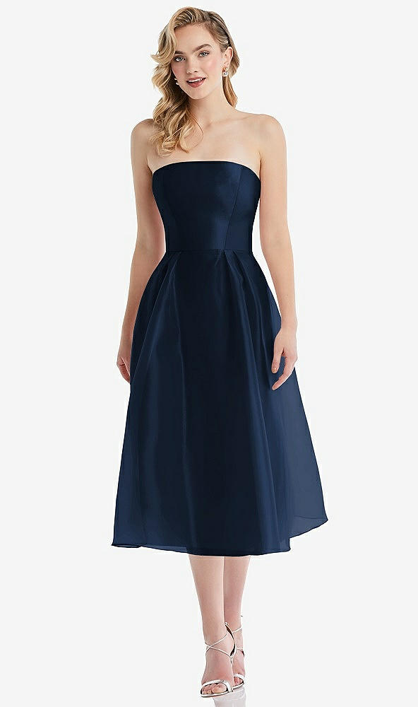 Front View - Midnight Navy Strapless Pleated Skirt Organdy Midi Dress