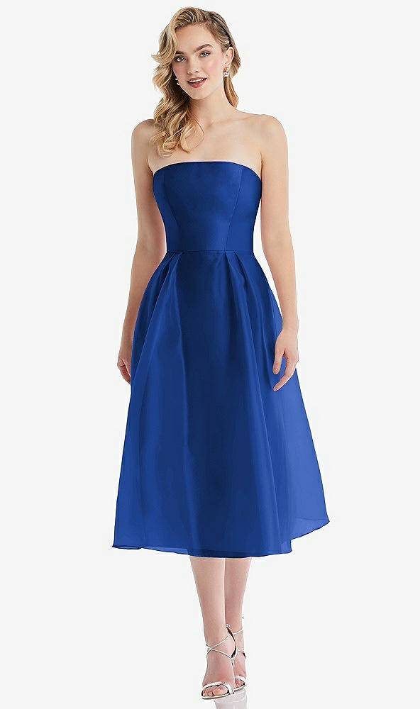 Front View - Sapphire Strapless Pleated Skirt Organdy Midi Dress