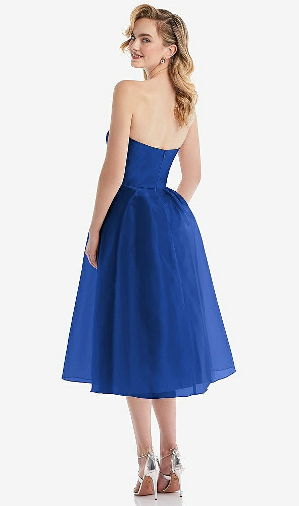 Back View - Sapphire Strapless Pleated Skirt Organdy Midi Dress