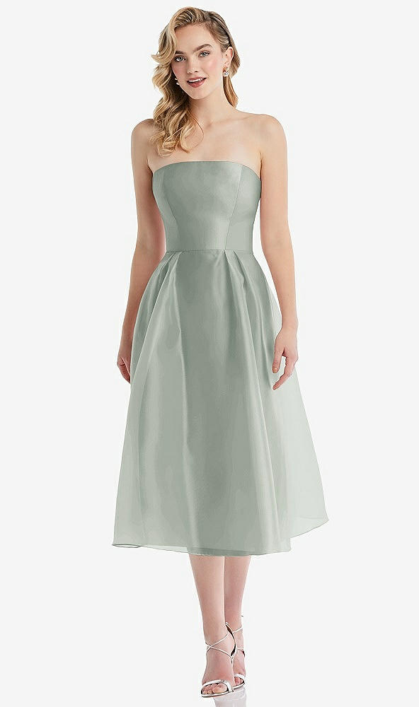 Front View - Willow Green Strapless Pleated Skirt Organdy Midi Dress