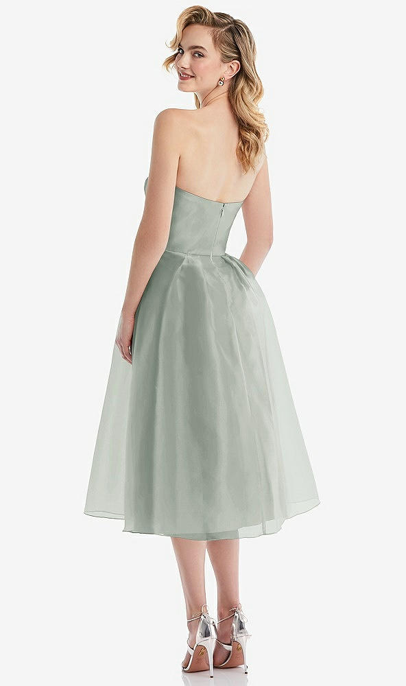 Back View - Willow Green Strapless Pleated Skirt Organdy Midi Dress