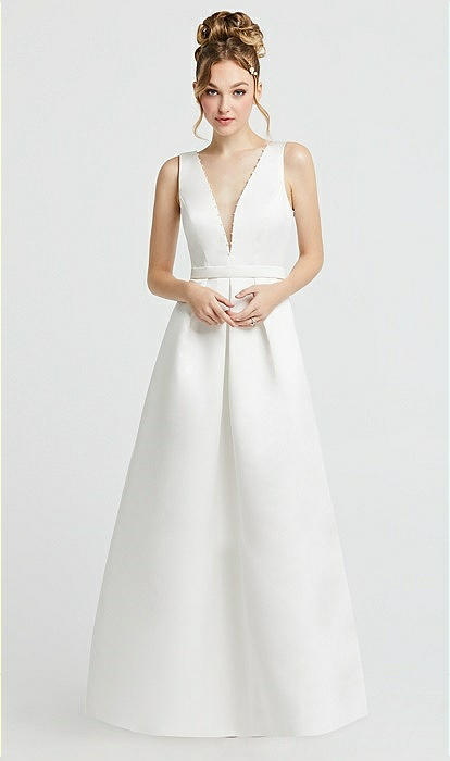 Pearl Trimmed Deep V Neck Satin Wedding Dress with Pockets