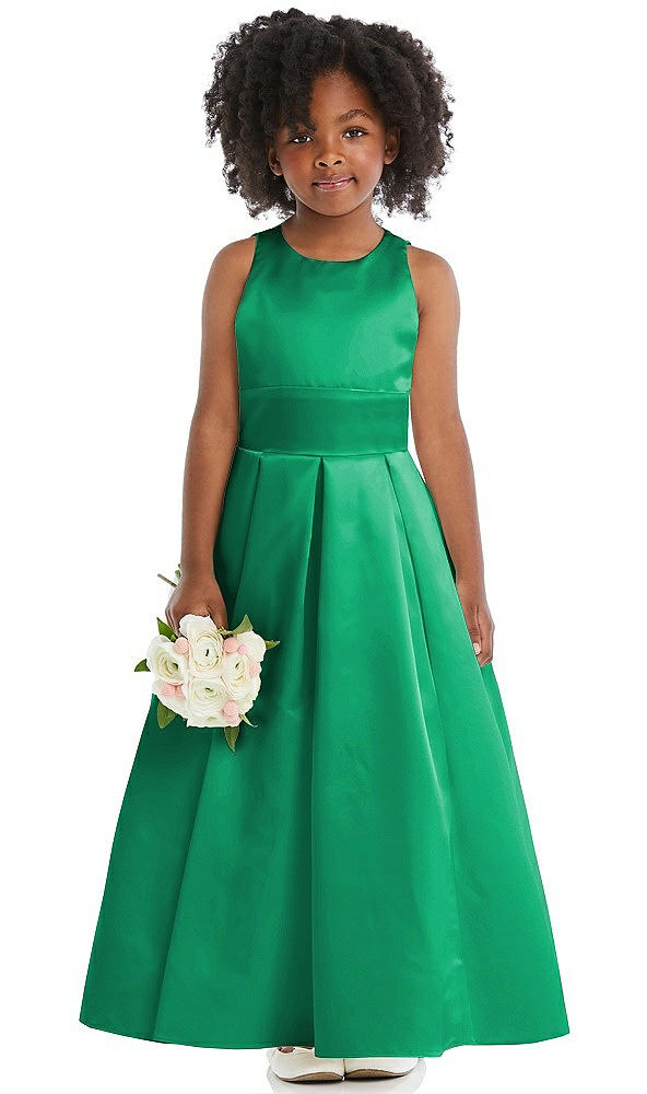 Front View - Pantone Emerald Sleeveless Pleated Skirt Satin Flower Girl Dress