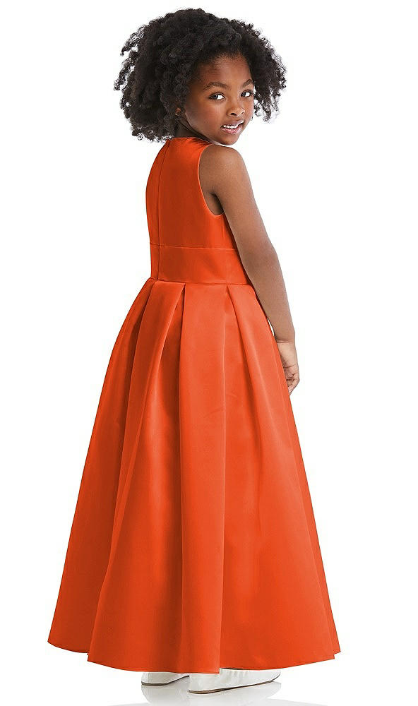 Back View - Tangerine Tango Sleeveless Pleated Skirt Satin Flower Girl Dress