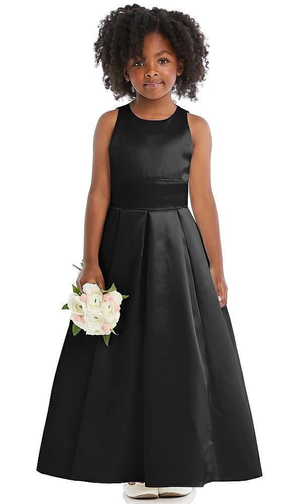Front View - Black Sleeveless Pleated Skirt Satin Flower Girl Dress