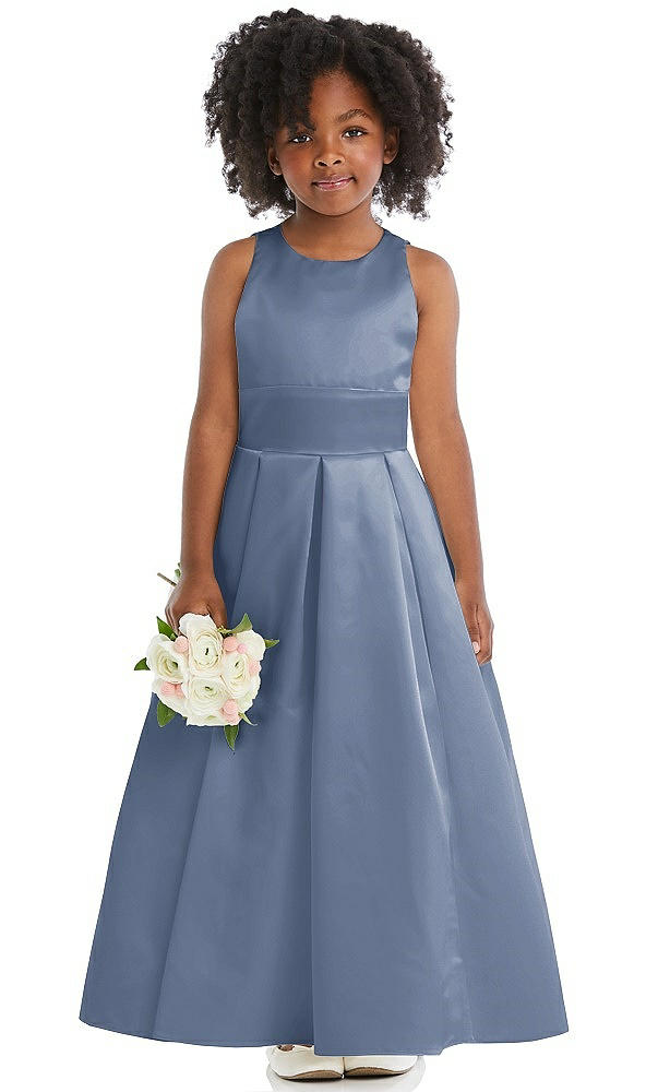 Front View - Larkspur Blue Sleeveless Pleated Skirt Satin Flower Girl Dress
