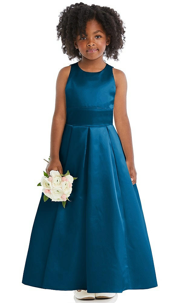 Front View - Ocean Blue Sleeveless Pleated Skirt Satin Flower Girl Dress