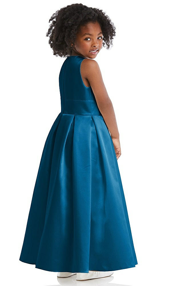 Back View - Ocean Blue Sleeveless Pleated Skirt Satin Flower Girl Dress