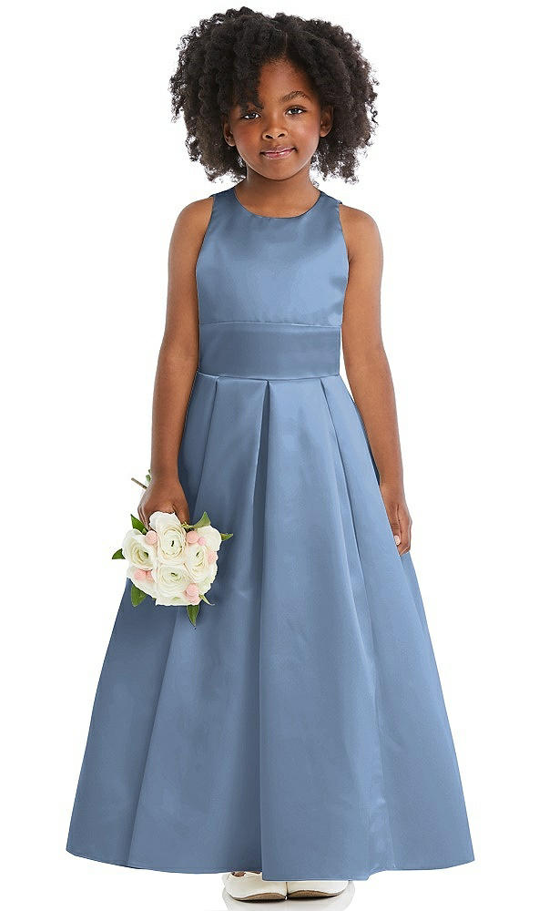 Front View - Windsor Blue Sleeveless Pleated Skirt Satin Flower Girl Dress
