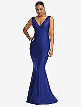 Front View Thumbnail - Cobalt Blue Shirred Shoulder Stretch Satin Mermaid Dress with Slight Train