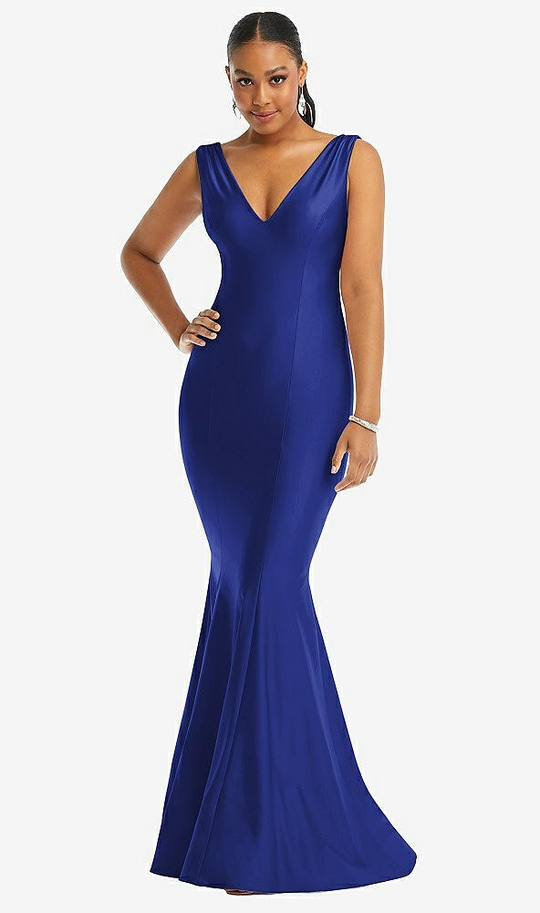 Front View - Cobalt Blue Shirred Shoulder Stretch Satin Mermaid Dress with Slight Train